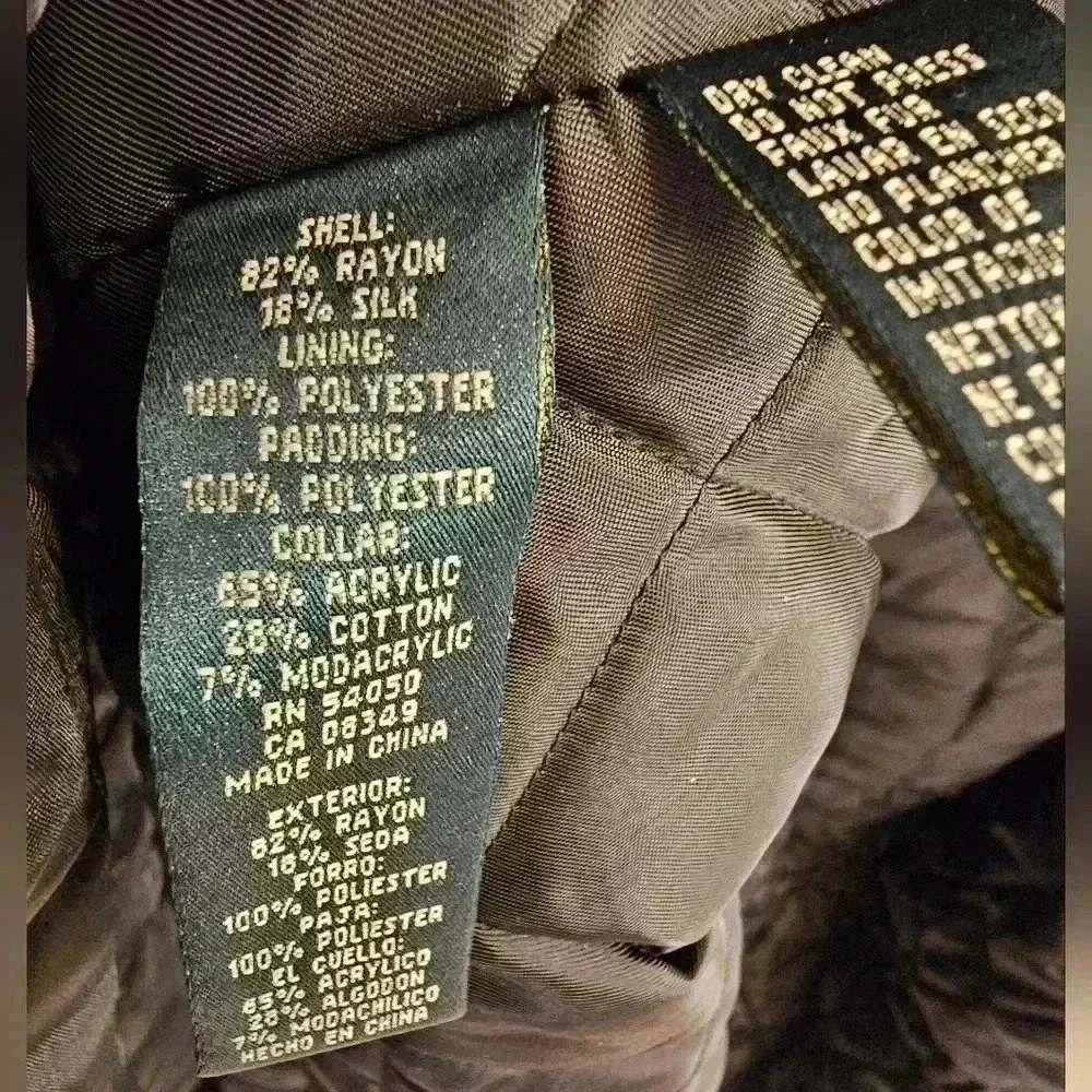 WOMENS LAUREN RALPH LAUREN BLACK VELVET SILK HOODED COAT PARKA LARGE - Picture 13 of 13